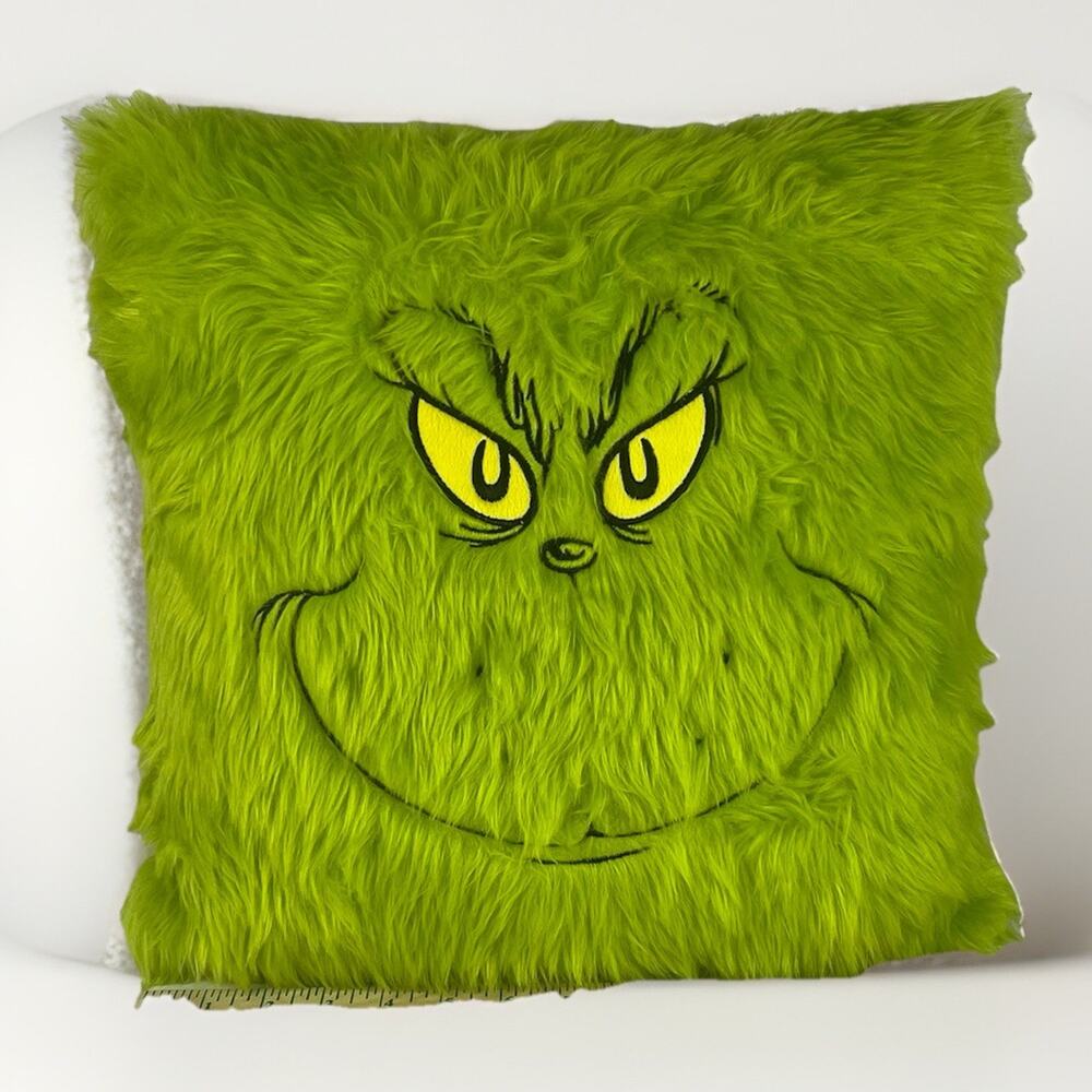 The Grinch Dr. Seuss Throw Pillow Green Faux Fur Face Holiday Christmas Ruz